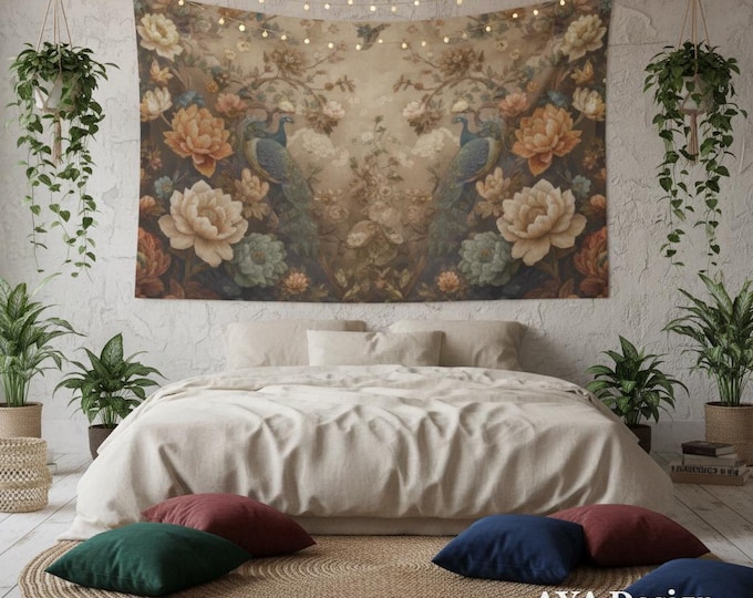 Vintage Persian Peacock Tapestry | Floral Botanical Wall Hanging, Dark Academia Boho Decor (90x60)