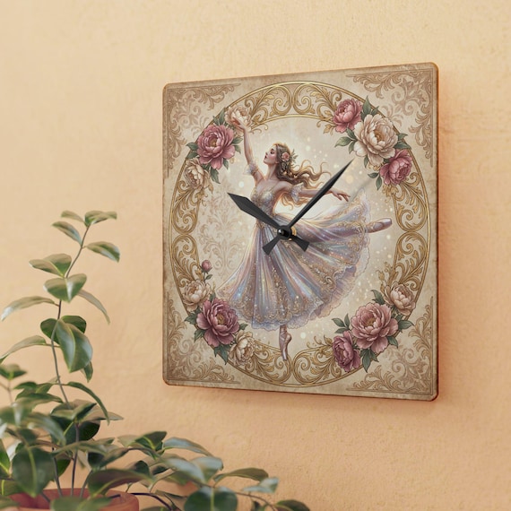 Ballerina Vintage Floral Acrylic Wall Clock | Romantic Dance Illustration