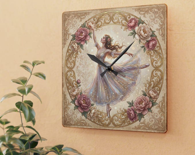 Ballerina Vintage Floral Acrylic Wall Clock | Romantic Dance Illustration
