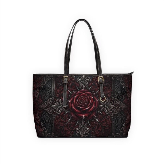 Gothic Red Rose PU Leather Shoulder Bag | Romantic Dark Floral Tote