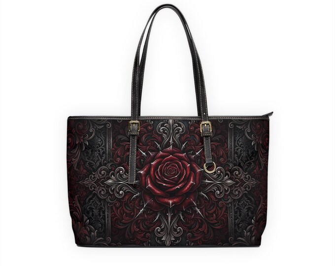 Gothic Red Rose PU Leather Shoulder Bag | Romantic Dark Floral Tote
