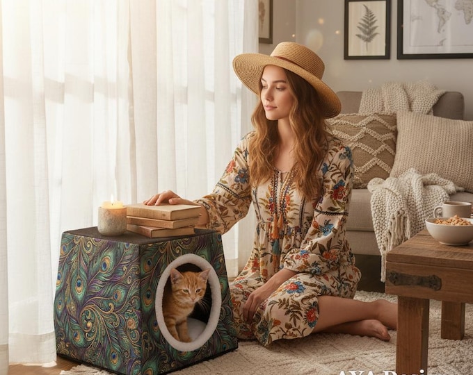Boho Peacock Cat Cave Bed, Small Dog Tent, Washable Pet House, Calming Kitten Hideaway