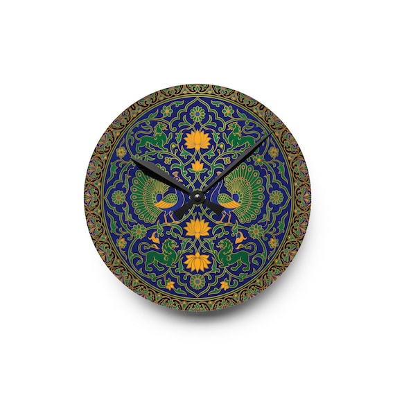 Mughal Peacock Mandala Wall Clock | Teal Blue Indian Art Decor