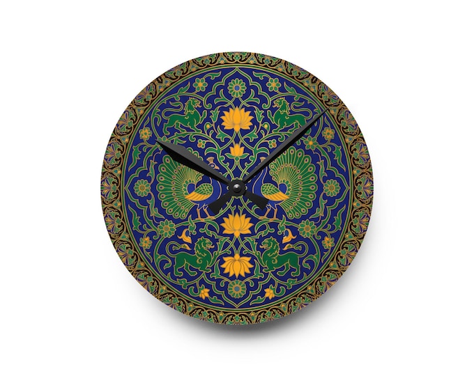 Mughal Peacock Mandala Wall Clock | Teal Blue Indian Art Decor
