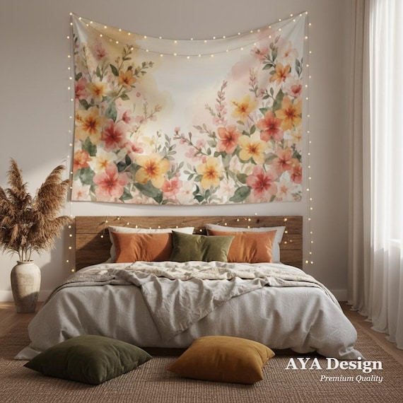 Watercolor Floral Tapestry, Tropical Boho Pink Yellow Wall Hanging