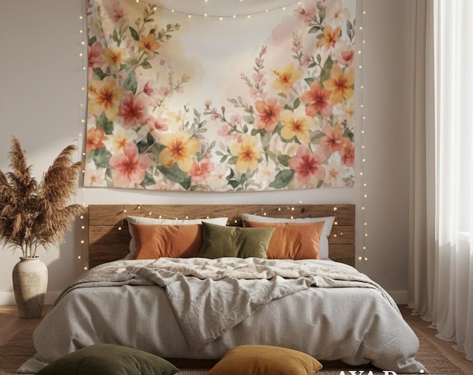 Watercolor Floral Tapestry, Tropical Boho Pink Yellow Wall Hanging