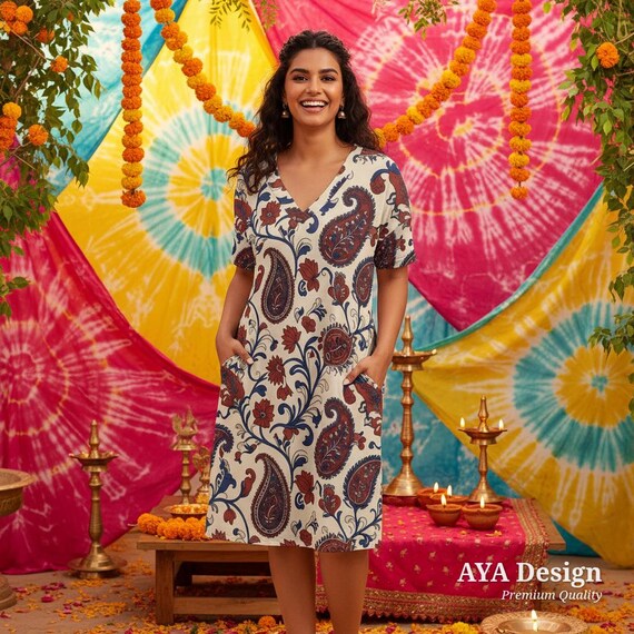 Boho Paisley Midi Dress with Pockets | V-Neck Tunic Casual Floral Teacher Outfit