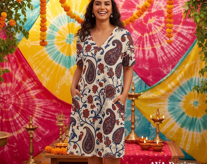 Boho Paisley Midi Dress with Pockets | V-Neck Tunic Casual Floral Teacher Outfit