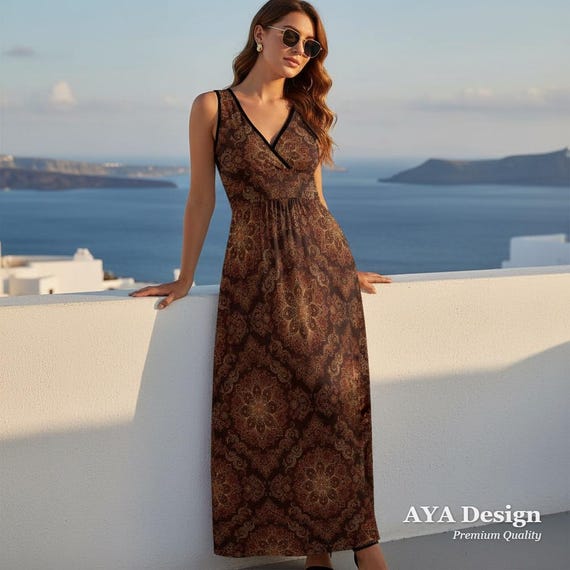 Boho Maxi Dress Brown Mandala Print | Sleeveless V-Neck Summer Resort Wear