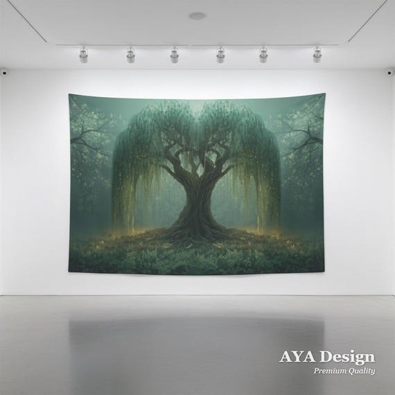 Enchanted Willow Tree Tapestry – Teal Gold Magical Woodland Wall Art (90x60)