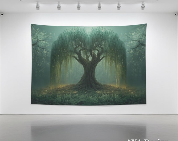 Enchanted Willow Tree Tapestry – Teal Gold Magical Woodland Wall Art (90x60)