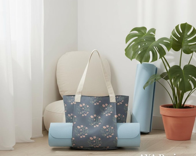 Large Floral Yoga Mat Bag – Cotton Linen Boho Tote, Botanical Print Carrier
