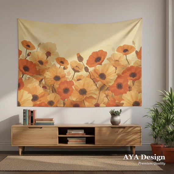 Retro Floral Tapestry | Vintage Orange Poppy Wall Art, 70s Boho Decor