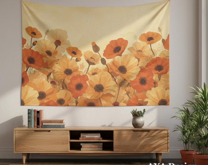 Retro Floral Tapestry | Vintage Orange Poppy Wall Art, 70s Boho Decor