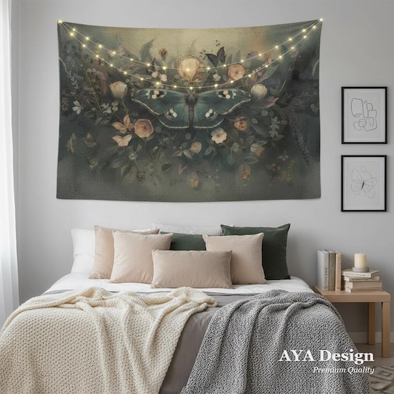 Vintage Botanical Moth Tapestry, Dark Academia Whimsigoth Wall Art