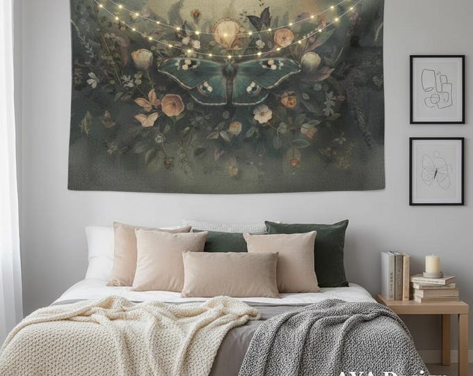 Vintage Botanical Moth Tapestry, Dark Academia Whimsigoth Wall Art