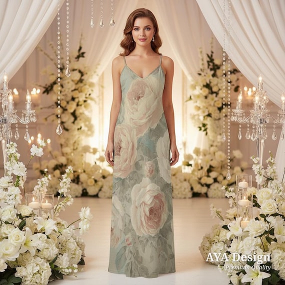 Watercolor Floral Maxi Dress, Vintage English Rose Garden Party Slip Dress