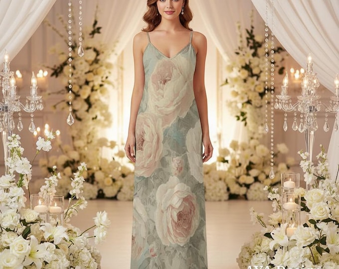 Watercolor Floral Maxi Dress, Vintage English Rose Garden Party Slip Dress