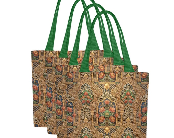 Set of 4 Persian Floral Canvas Tote Bags – Ornate Mughal Inspired Reusable Shoulder Bags
