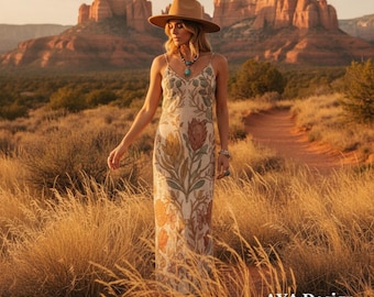 Vestido largo bohemio floral vintage, vestido veraniego botánico en tonos tierra, vestido retro de tirantes de los años 70
