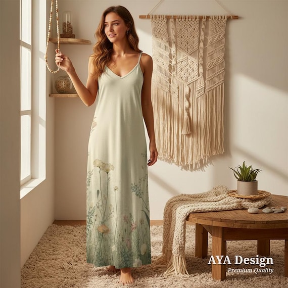 Ethereal Wildflower Botanical Maxi Dress Watercolor Floral Slip Sundress, Summer Gift Her