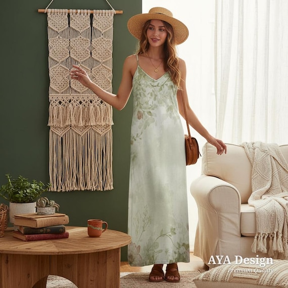 Sage Green Floral Maxi Dress, Watercolor Botanical Print, Cottagecore Boho Plus Size