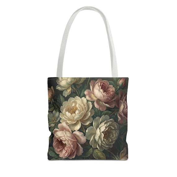 Vintage Rose Floral Tote Bag | Botanical Peony Bloom All Over Print