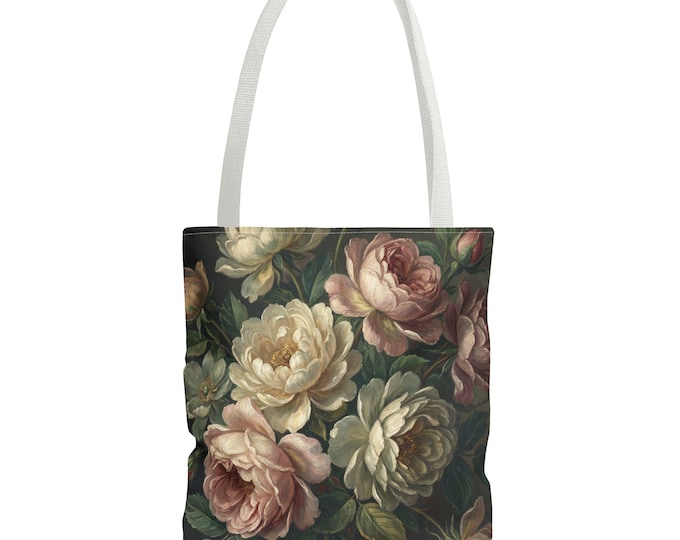 Vintage Rose Floral Tote Bag | Botanical Peony Bloom All Over Print