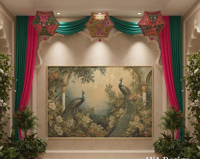 Vintage Peacock wall Art Botanical Tapestry, Large Floral Wall Hanging, Maximalist Cottagecore Decor