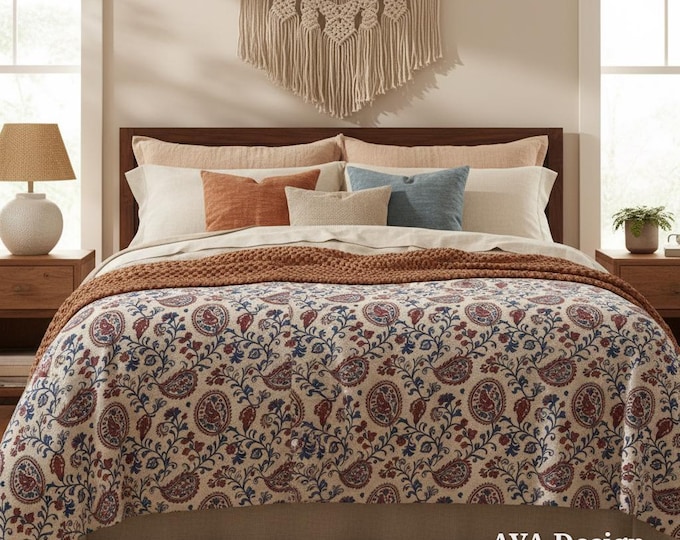Indian Block Print Style Throw Blanket, Modern Kalamkari Paisley Fleece Couch Throw