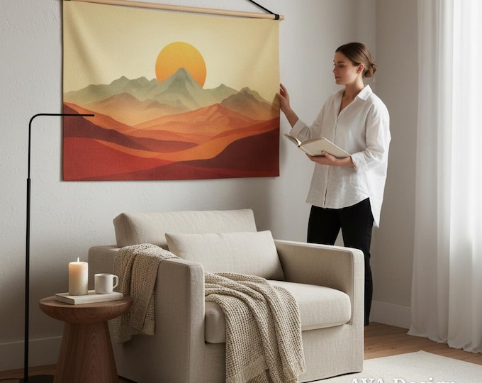 Boho Mountain Sunset Tapestry | Mid Century Modern Desert Wall Art (60x40)