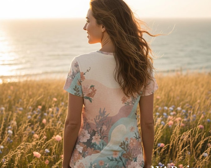Pastel Floral All-Over Print T-Shirt, Watercolor Botanical Art Top