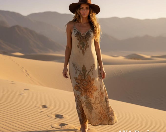Vintage Floral Boho Maxi Dress, Earthy Tone Summer Beach Sundress, Spaghetti Strap Slip Long