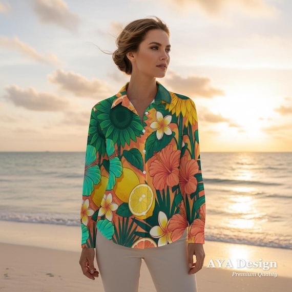 Vibrant Tropical Citrus Floral Button Down Shirt | Women's Summer Vacation Blouse