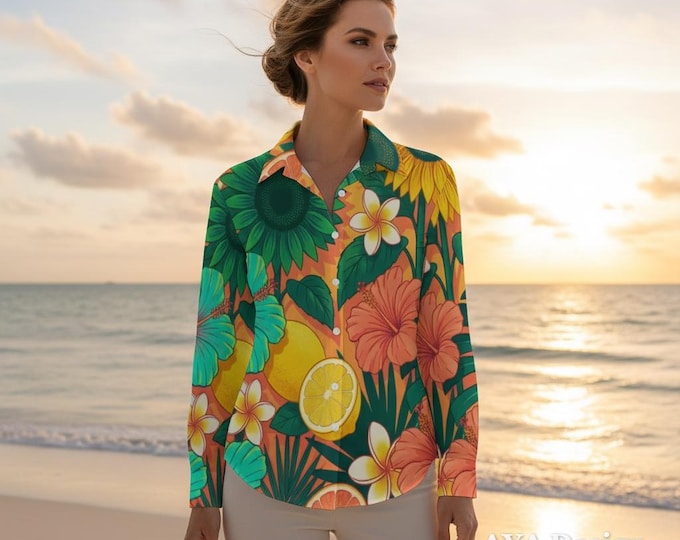 Vibrant Tropical Citrus Floral Button Down Shirt | Women's Summer Vacation Blouse