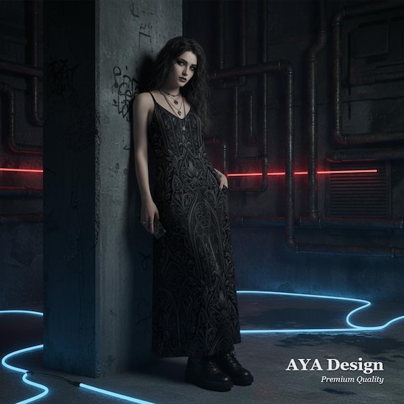 Gothic Cathedral Print Maxi Dress, Dark Romance Slip Gown, Alternative Fashion