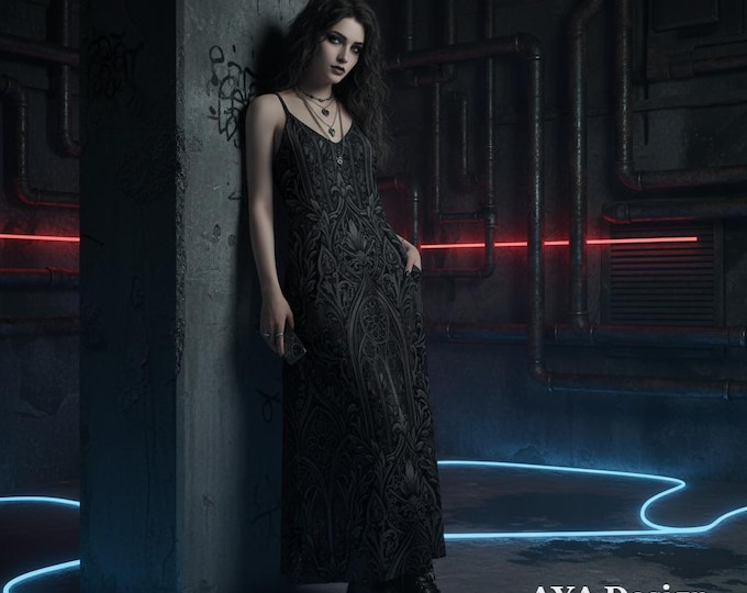 Gothic Cathedral Print Maxi Dress, Dark Romance Slip Gown, Alternative Fashion