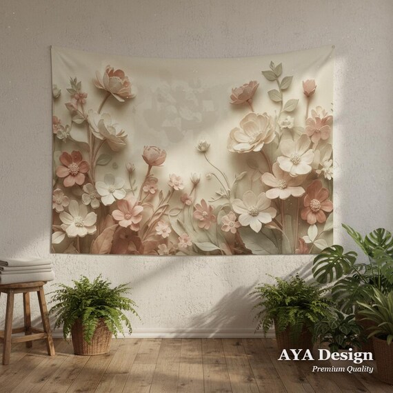 Retro Floral Tapestry, 3D Paper Cut Illusion, Botanical Wall Art, Mid Century Boho Hanging