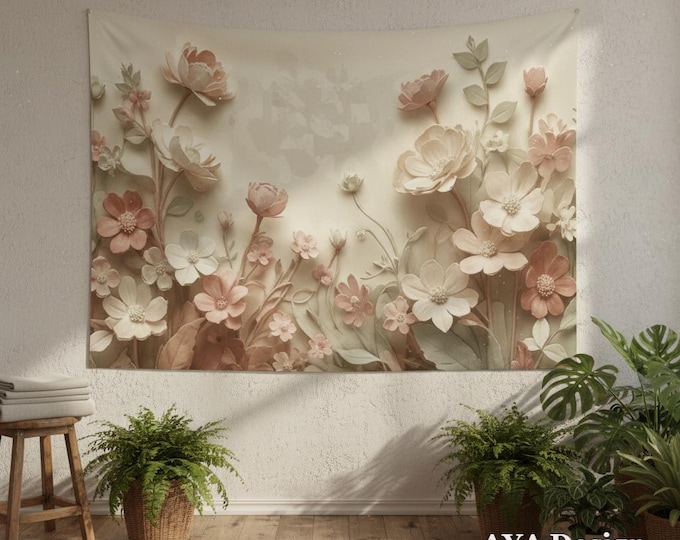 Retro Floral Tapestry, 3D Paper Cut Illusion, Botanical Wall Art, Mid Century Boho Hanging