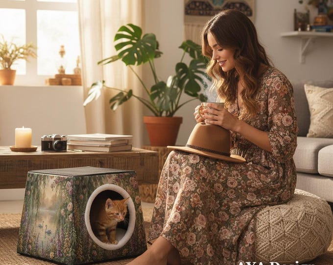 Vintage Swan Floral Cat Cave Bed | Cozy Kitten Sanctuary, Washable Pet Hut