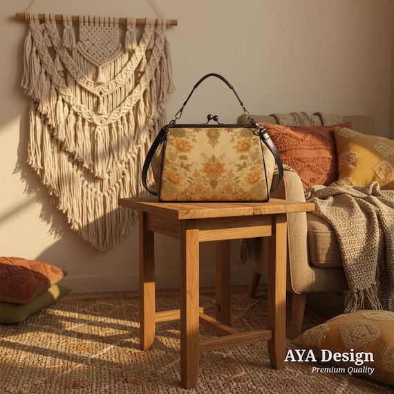 Vintage Floral Boho Handle Bag | Faux Leather Kiss-Lock Crossbody Purse