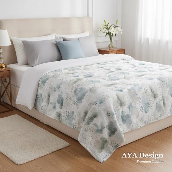 Watercolor Botanical Cloud Blanket, Dusty Blue Nursery Throw, Soft Fleece Bedding