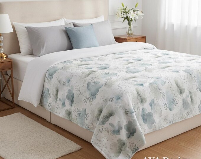 Watercolor Botanical Cloud Blanket, Dusty Blue Nursery Throw, Soft Fleece Bedding