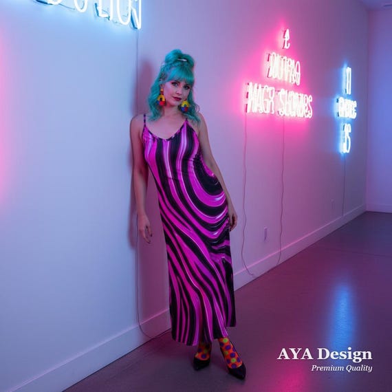 Bold Neon Pink Black Psychedelic Slip Dress – Y2K Rave Outfit, Festival Bodycon Long Dress
