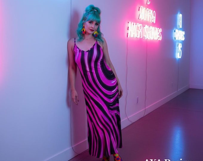 Bold Neon Pink Black Psychedelic Slip Dress – Y2K Rave Outfit, Festival Bodycon Long Dress