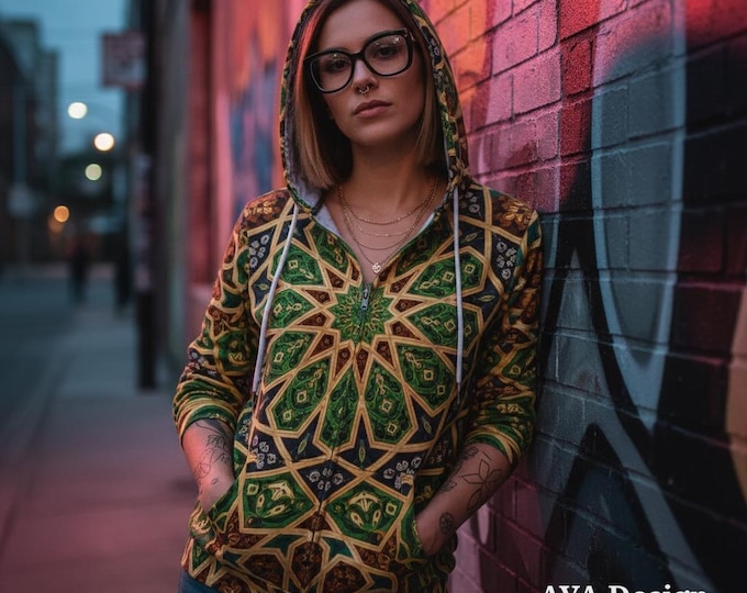 Moroccan Tile Print Hoodie | Islamic Geometric Pattern Sweatshirt | Festival Wear Pullover