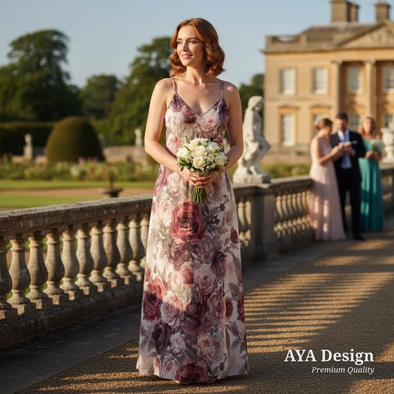 Watercolor Rose Maxi Dress, Vintage Floral Slip Gown, Romantic Boho Bridesmaid Dress
