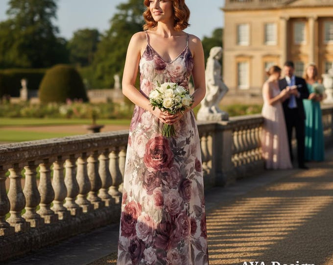 Watercolor Rose Maxi Dress, Vintage Floral Slip Gown, Romantic Boho Bridesmaid Dress