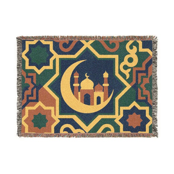 Ramadan Mubarak Islamic Art Woven Blanket | Arabic Calligraphy Crescent Mosque