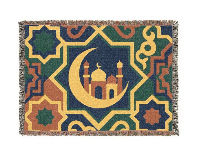 Ramadan Mubarak Islamic Art Woven Blanket | Arabic Calligraphy Crescent Mosque